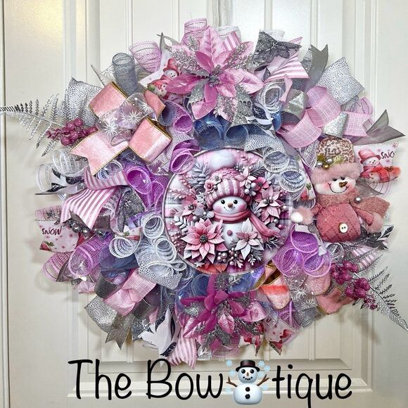 Handmade Pink Winter Snowman Holiday Ribbon Door Wreath 22 ins W80 - Picture 1 of 11